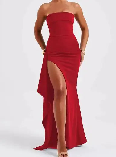 strapless asymmetrical high split maxi dress my shop saver