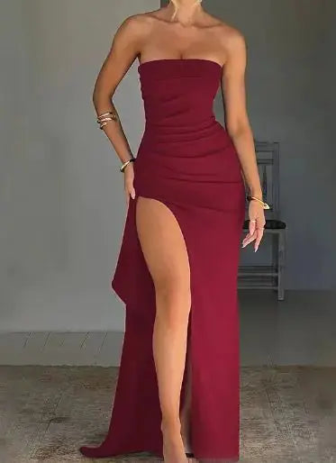 strapless asymmetrical high split maxi dress my shop saver