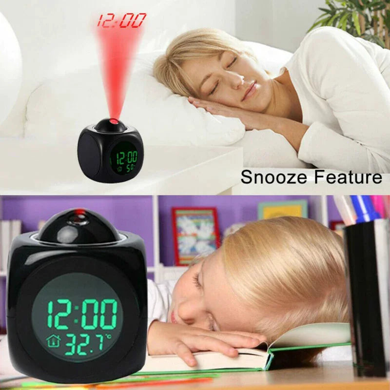 led projection alarm clock digital lcd display voice talking weather snooze usb