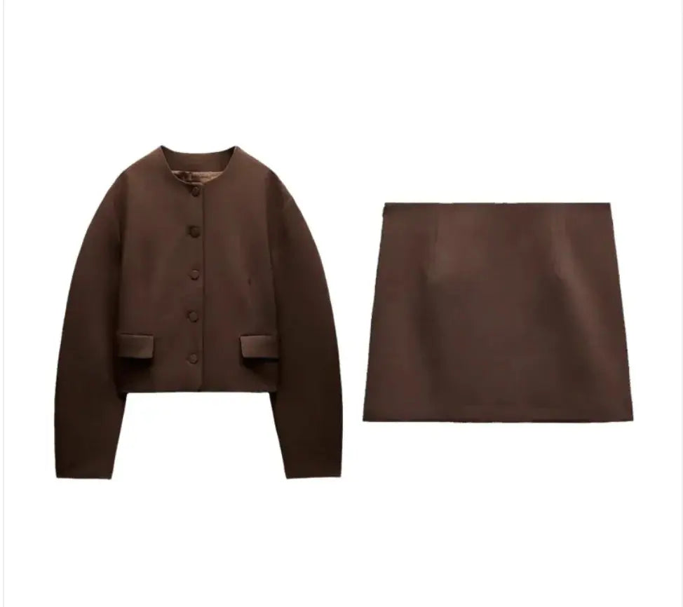 slim-fit stand collar jacket & skirt set my shop saver