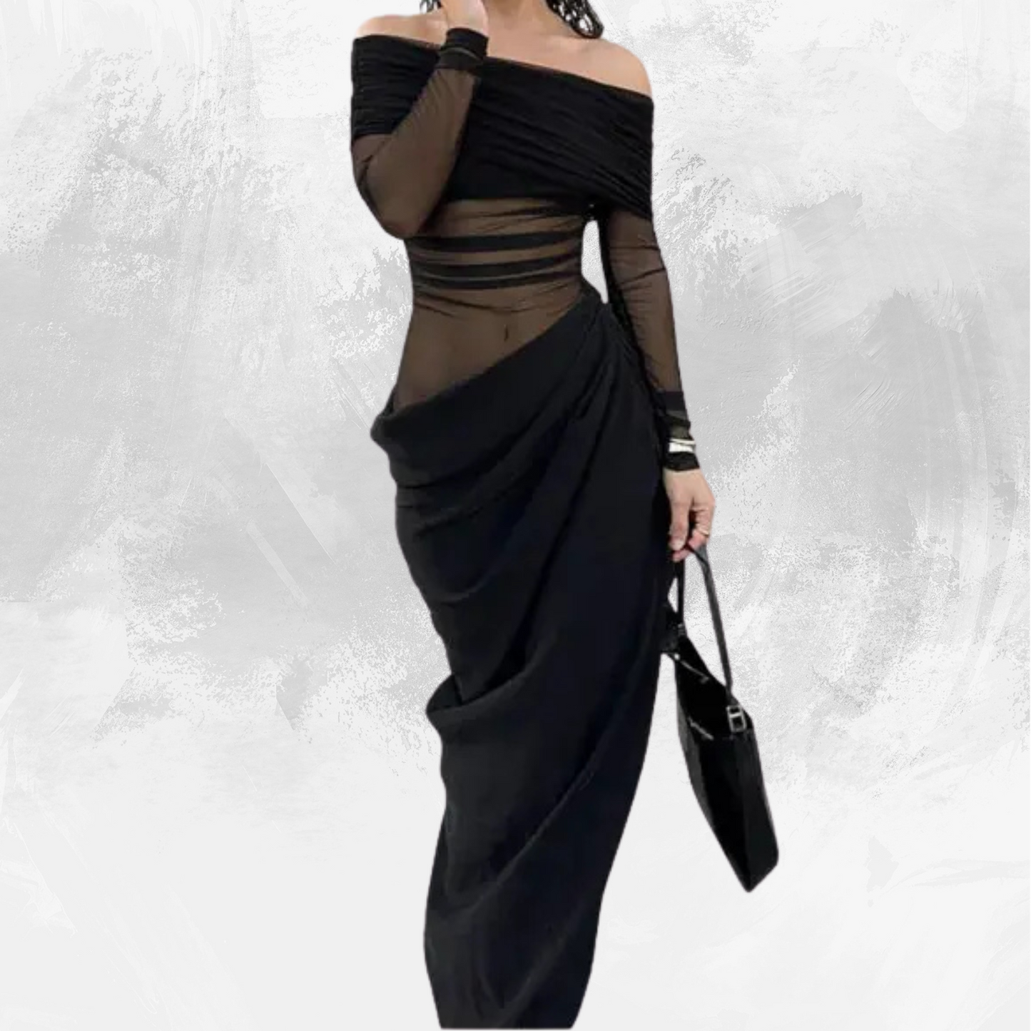 off shoulder semi-sheer maxi dress long sleeve floor length one-step dress strapless mesh ruched bodycon dress y2k