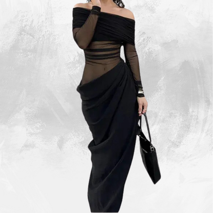 Off Shoulder Semi-Sheer Maxi Dress Long Sleeve Floor Length One-Step Dress Strapless Mesh Ruched Bodycon Dress Y2K