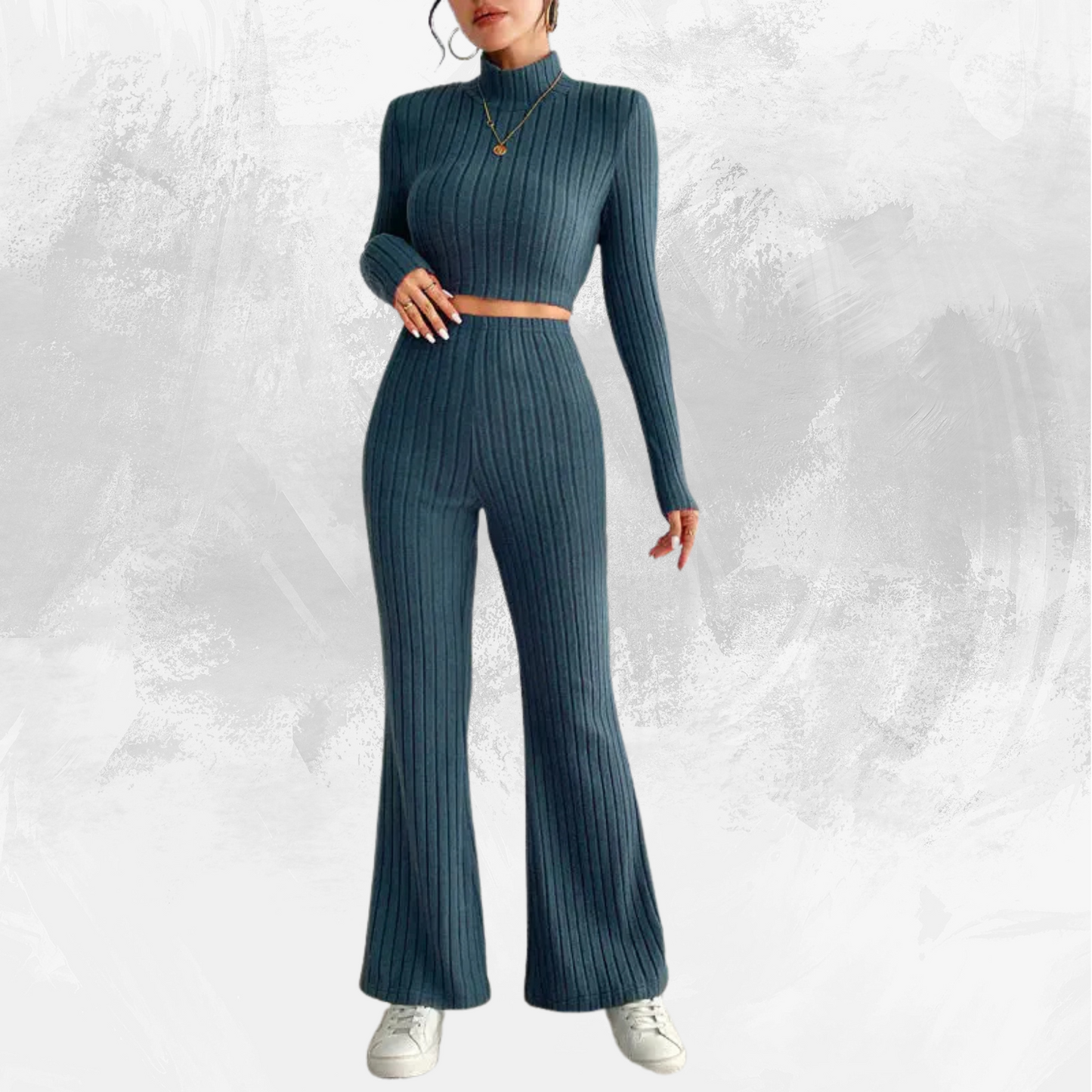 solid color knitted long sleeve trousers suit