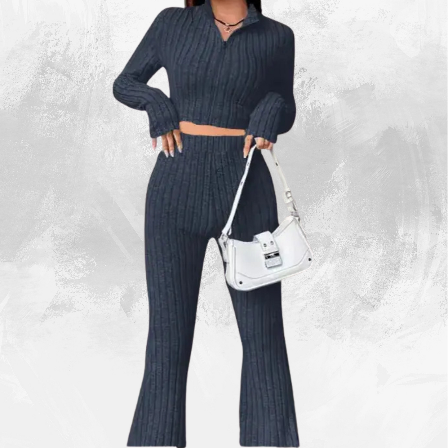 solid color knitted long sleeve trousers suit