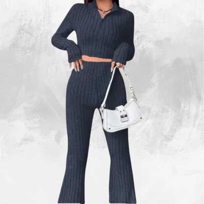 Solid Color Knitted Long Sleeve Trousers Suit