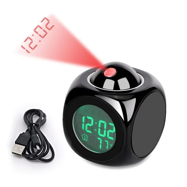 led projection alarm clock digital lcd display voice talking weather snooze usb