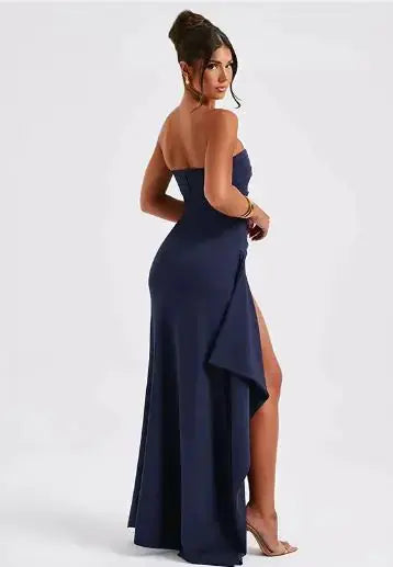 strapless asymmetrical high split maxi dress my shop saver