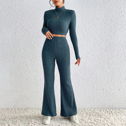 Solid Color Knitted Long Sleeve Trousers Suit