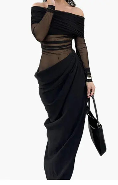 Off Shoulder Semi-Sheer Maxi Dress Long Sleeve Floor Length One-Step Dress Strapless Mesh Ruched Bodycon Dress Y2K My Shop Saver