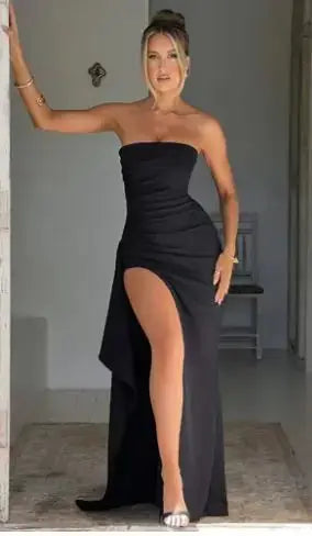 strapless asymmetrical high split maxi dress my shop saver